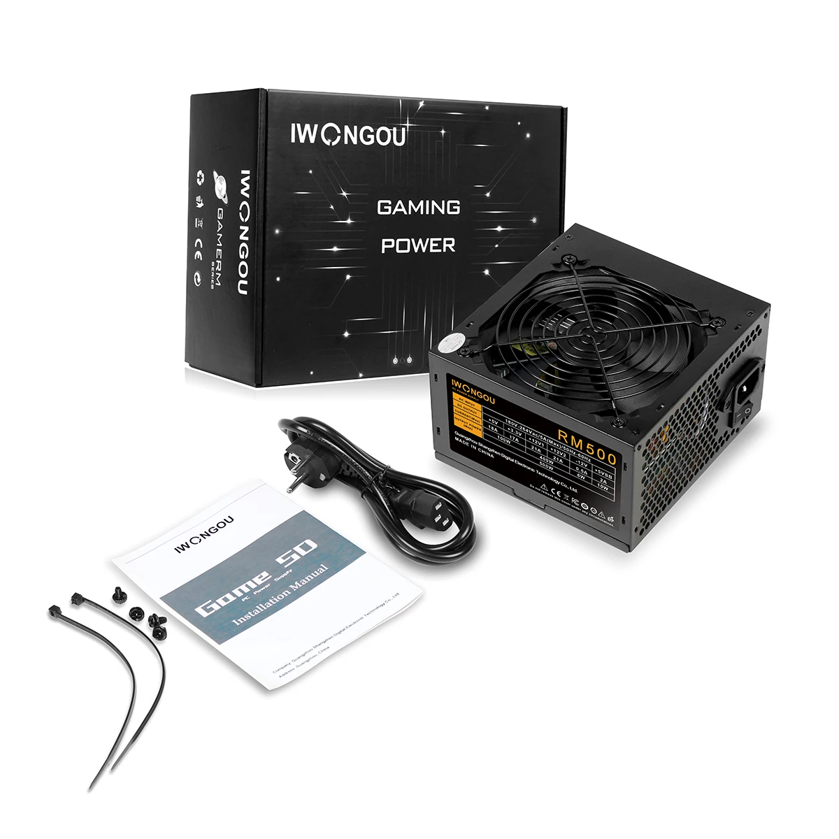 IWONGOU RM500W PC Power Supply Unit Black Gaming Quiet 120MM 24pin 12V ATX Desktop Computer Power Supply for BTC