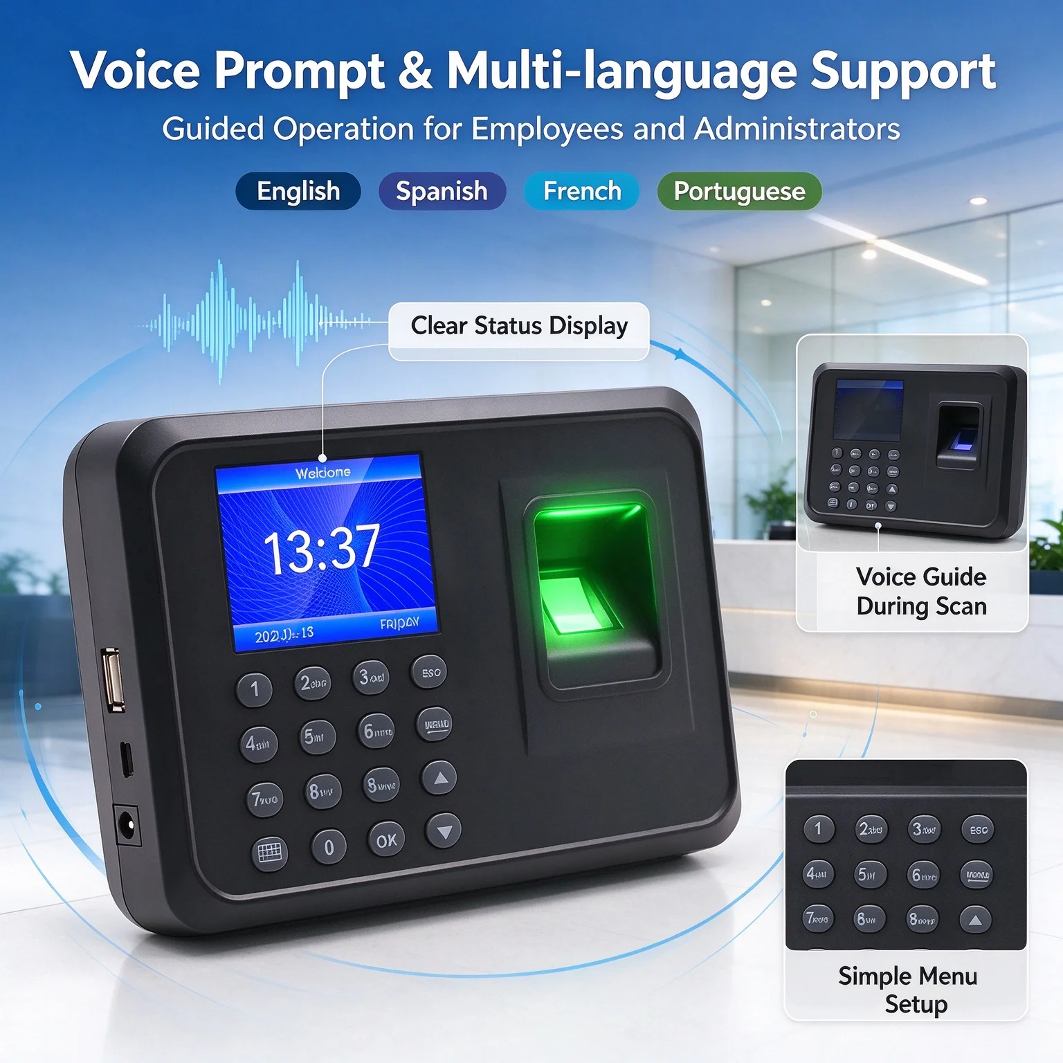 Fingerprint Time Attendance Machine 1s Fast Recognition 1000 Fingerprints 100000 Records Voice Prompt USB Backup LCD