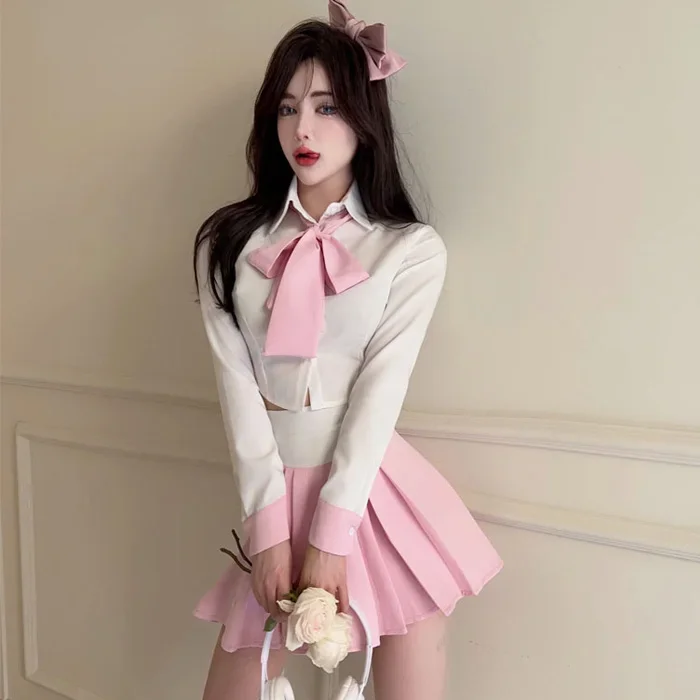 

Gege's Online Celebri Preppy Age-Reducing Bow Short Shirts + High Waist Pleated Jk Uniform Skirt sets