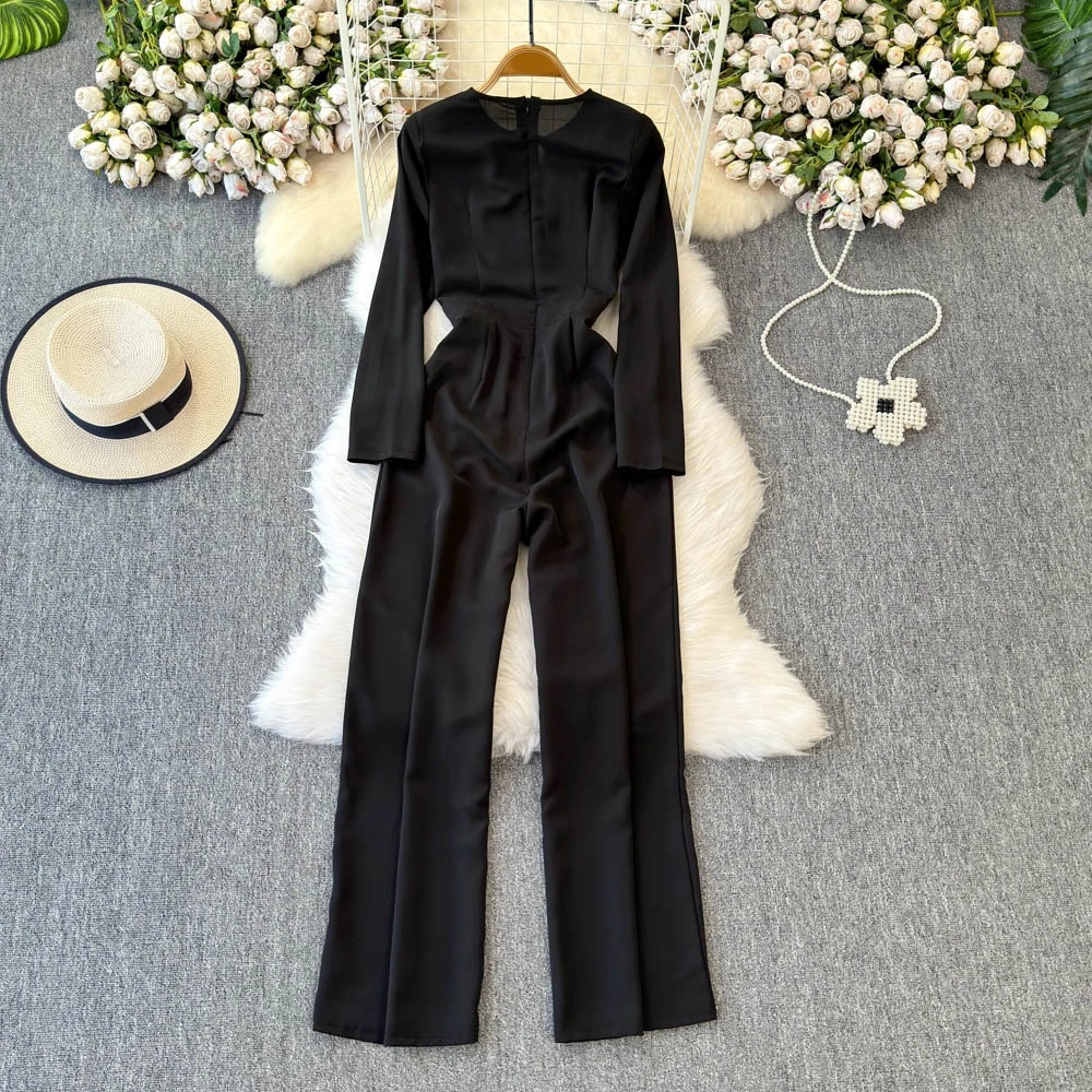 TWOTWINSTYLE Solid Casual Jumpsuit For Women O Neck Long Sleeve High Waist Wide Leg Spliced Zipper Jumpsuits Female KJU518167