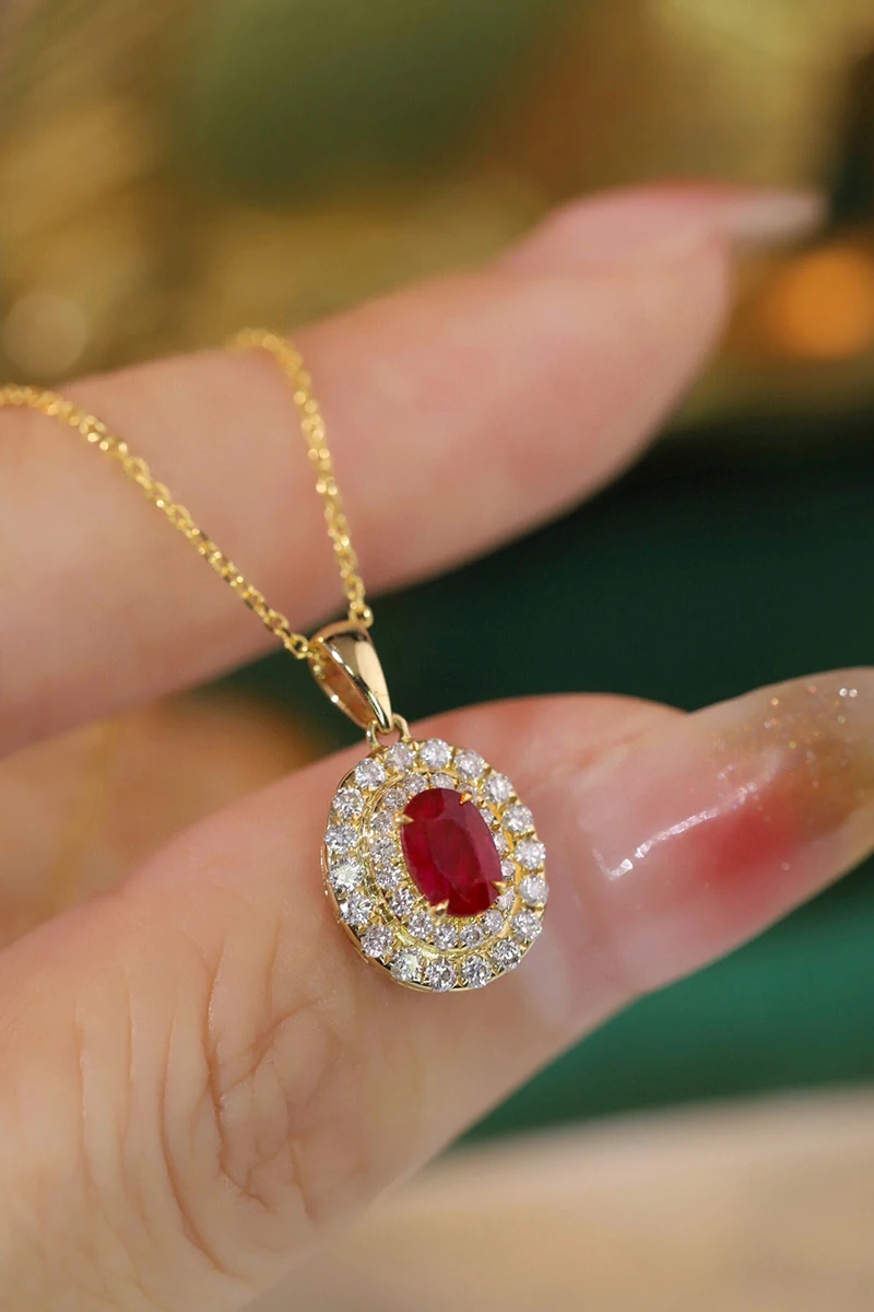 KUGG 100% 18K Yellow Gold Necklace Elegant Style Natural Diamond Natural Ruby Pendant Necklace for Women High Wedding Jewelry