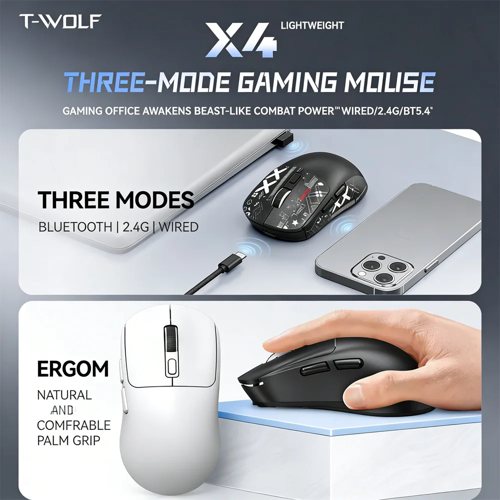 

T-WOLF X4 Wireless Gaming Mouse Tri Mode 2.4G BT5.4 Wired 8000DPI 1000Hz 58g Lightweight 300mAh Rechargeable 6 Buttons Ergonomic