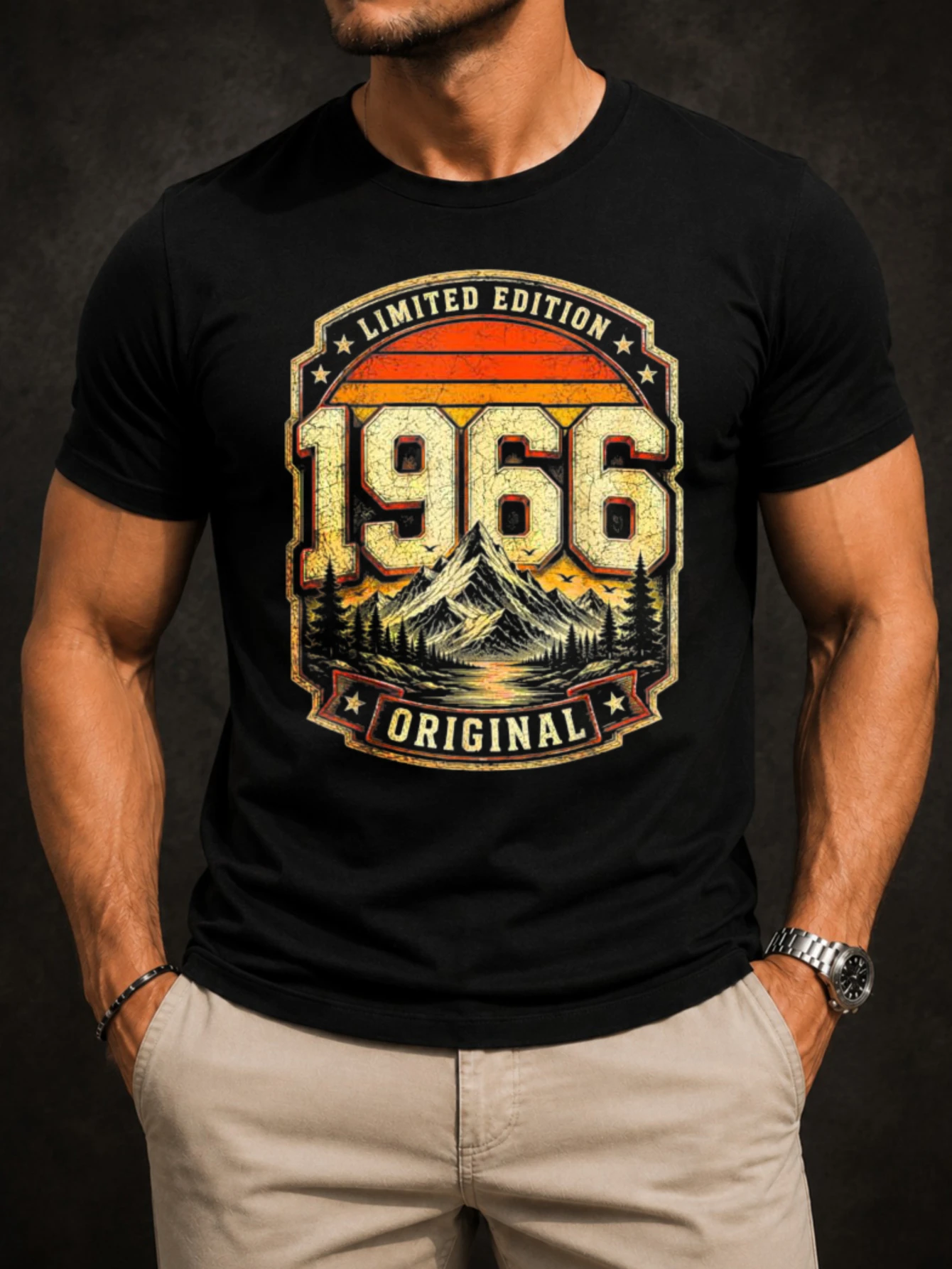 1966 Limited Edition Original Graphic with mountain lake reflection pine trees and orange sunset  Unisex All T-Shirt