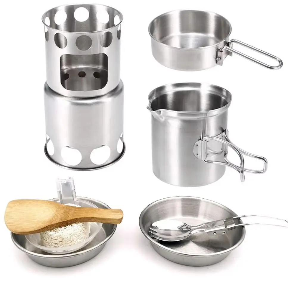 

1set/9pcs Camping Pot Set Foldable Handle Camping Pans Wood Stove 304 Stainless Steel Cook Kit Cookware Hiking Outdoor Picnic