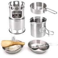 1set/9pcs Camping Pot Set Foldable Handle Camping Pans Wood Stove 304 Stainless Steel Cook Kit Cookware Hiking Outdoor Picnic
