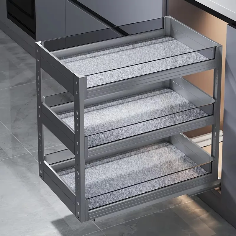 Modular Kitchen Accessories Drawer Basket Aluminum Soft Close Seasoning Organizer Pull Out Basket
