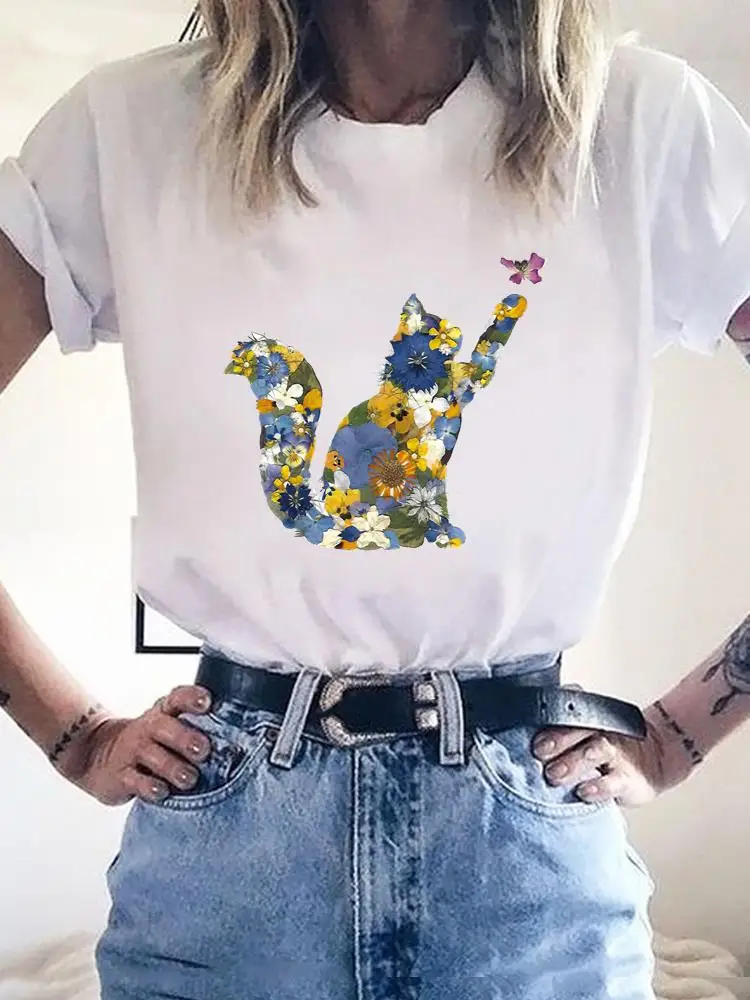 Cat Funny Style Trend Lovely Clothing Fashion Short Sleeve Clothes Print T Shirt Basic Tee Women Graphic T-shirt Summer Top