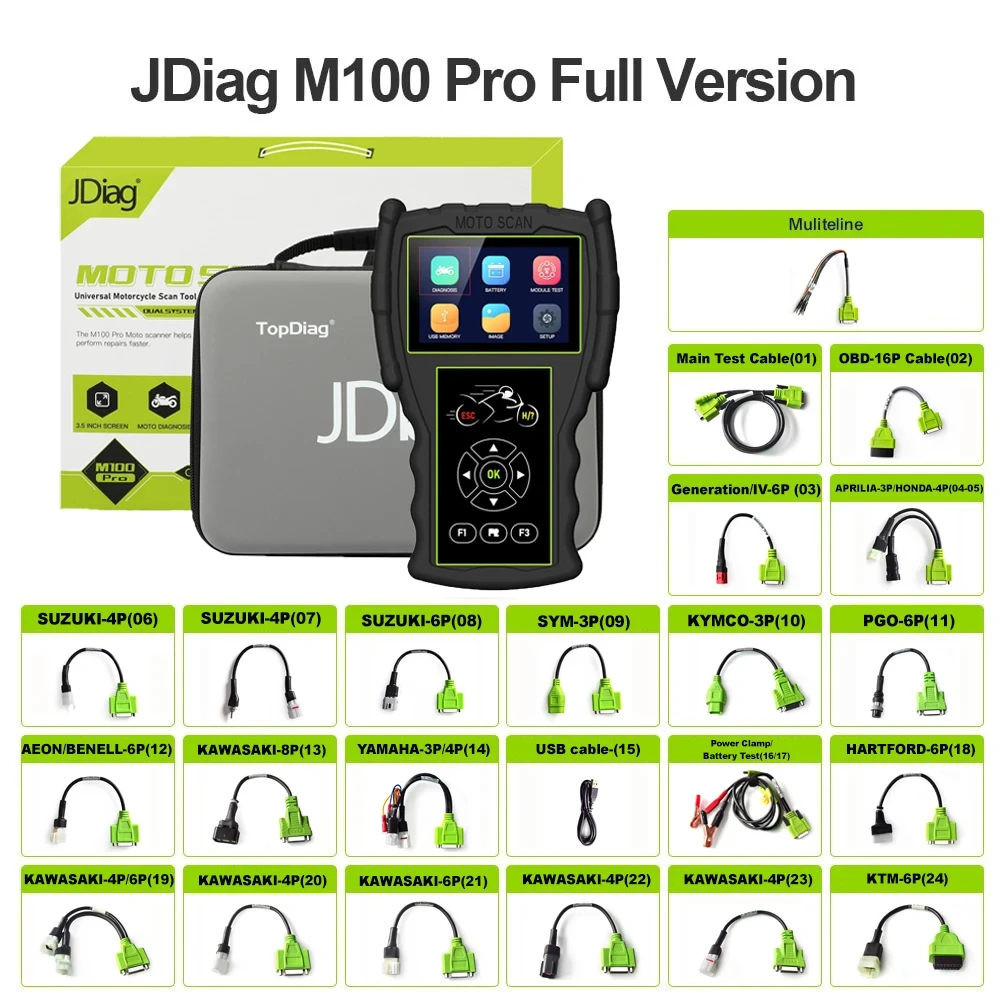 

Диагностический сканер JDiag M100 Pro для мотоциклов, OBD2 инструмент для диагностики неисправностей, считыватель кодов мотоциклов для BMW, Kawasaki, Yamaha, Suzuki, KTM