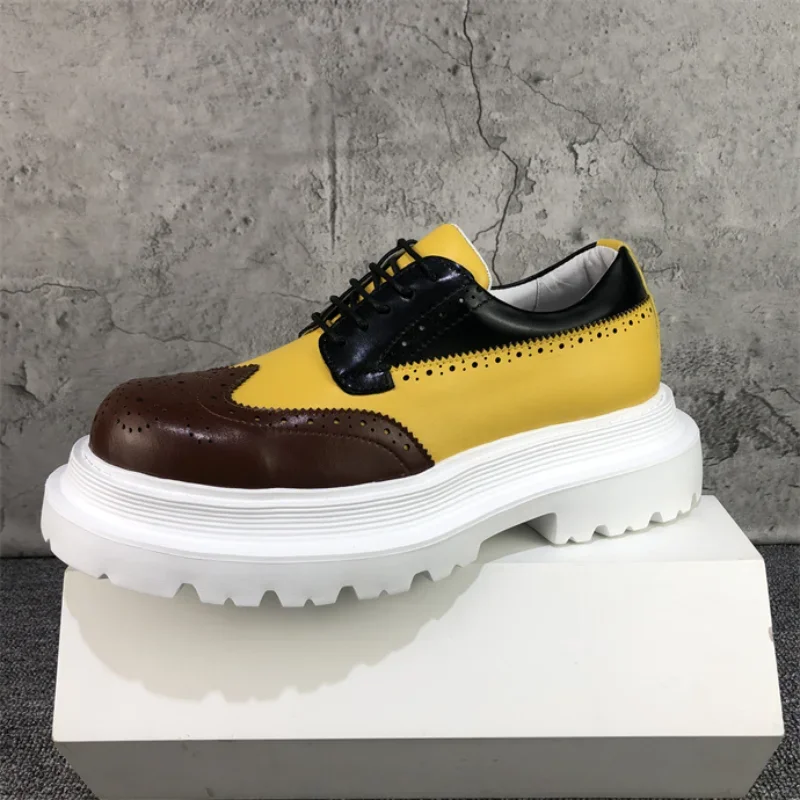 Luxe Mode Heren Brogue Schoenen Dikke Zool Verhoging Casual Leren Schoenen Patchwork Mode Gesneden Oxford Derby Schoenen