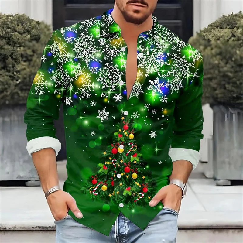 Hawaii Christmas Theme Santa Claus Tree Shirt Men's Casual Retro Top 3D Printed Long Sleeve Clothing Holiday Top