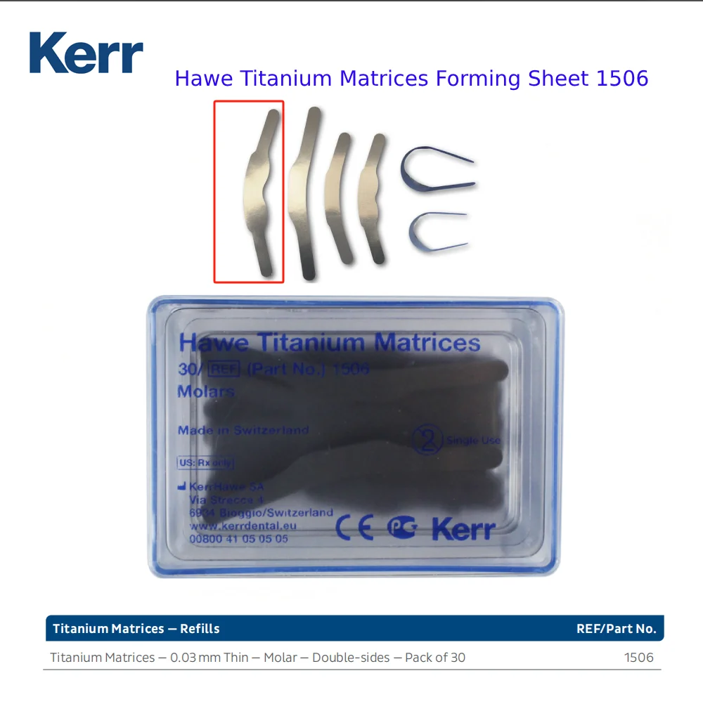 

‌ Титановый формовочный лист для стоматологической матрицы Kerr Hawe Premium с улучшенным усилением поверхности, толщиной 0,030 мм и лентами для матриц 1506
