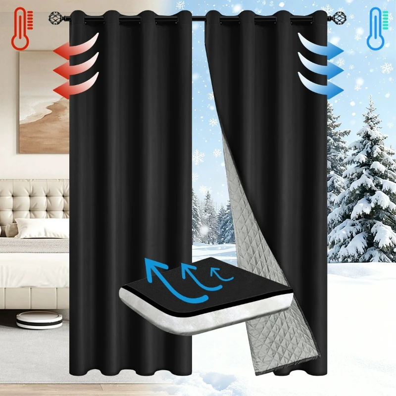 Winter Warm Quilted Folder Cotton Thick 100% Blackout Curtains for Bedroom Thermal Insulated Sound Proof Drapes Window Decor