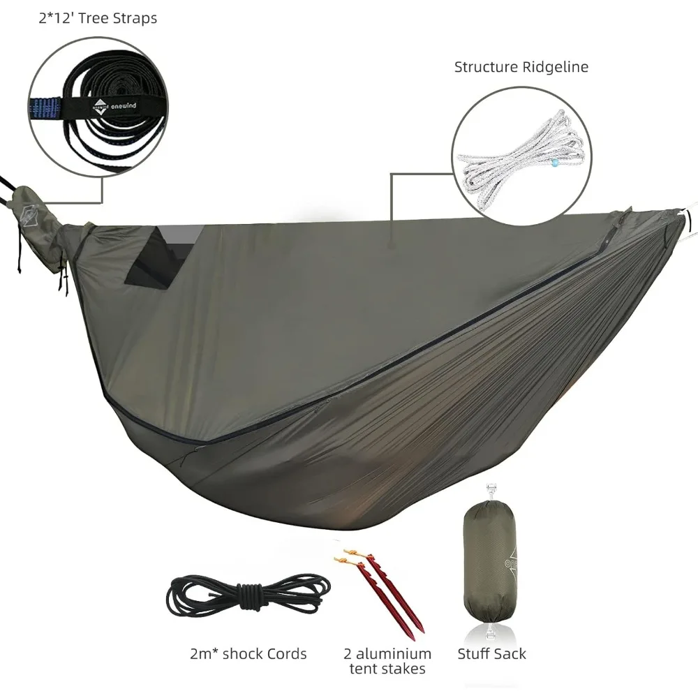 Portable Camping Hammock with Mosquito Net, Windsock & Tree Straps for Winter Hiking Backpacking in OD Green