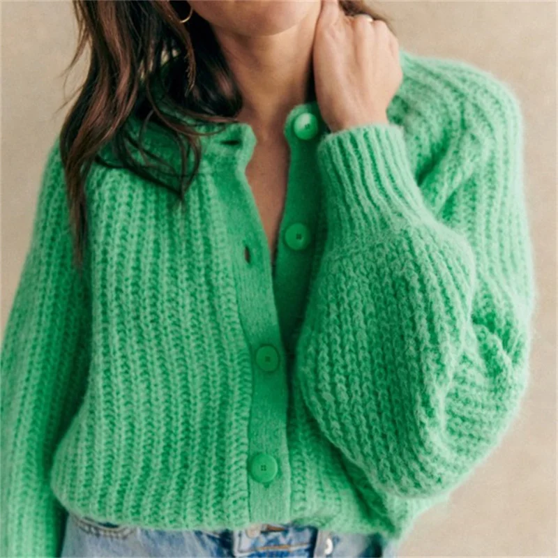 Women Chunky Knit Cardigan Y2k Long Latern Sleeve Crew Neck Button Up Open Front Cable Knitted Short Sweater Vintage Streetwear