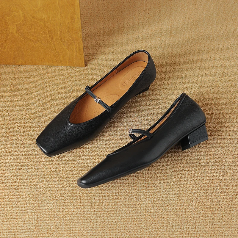 Genuine Leather Women Pumps Retro Slip-on Shallow Square Toe Women's Commuting Work Shoes 2024 Spring Summer New Ladies Shoes