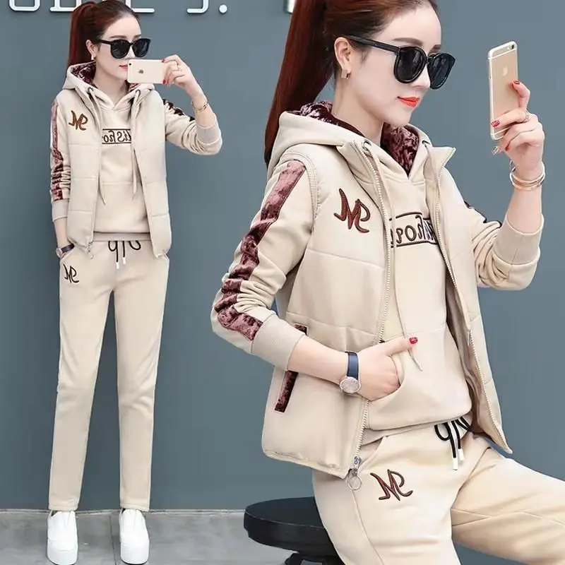 Women\'s Casual Sweat Suit 2022 Autumn Winter New Fashion Plush Thickened Hooded Tops Waistcoat Pants 3 Three Piece Set For Women