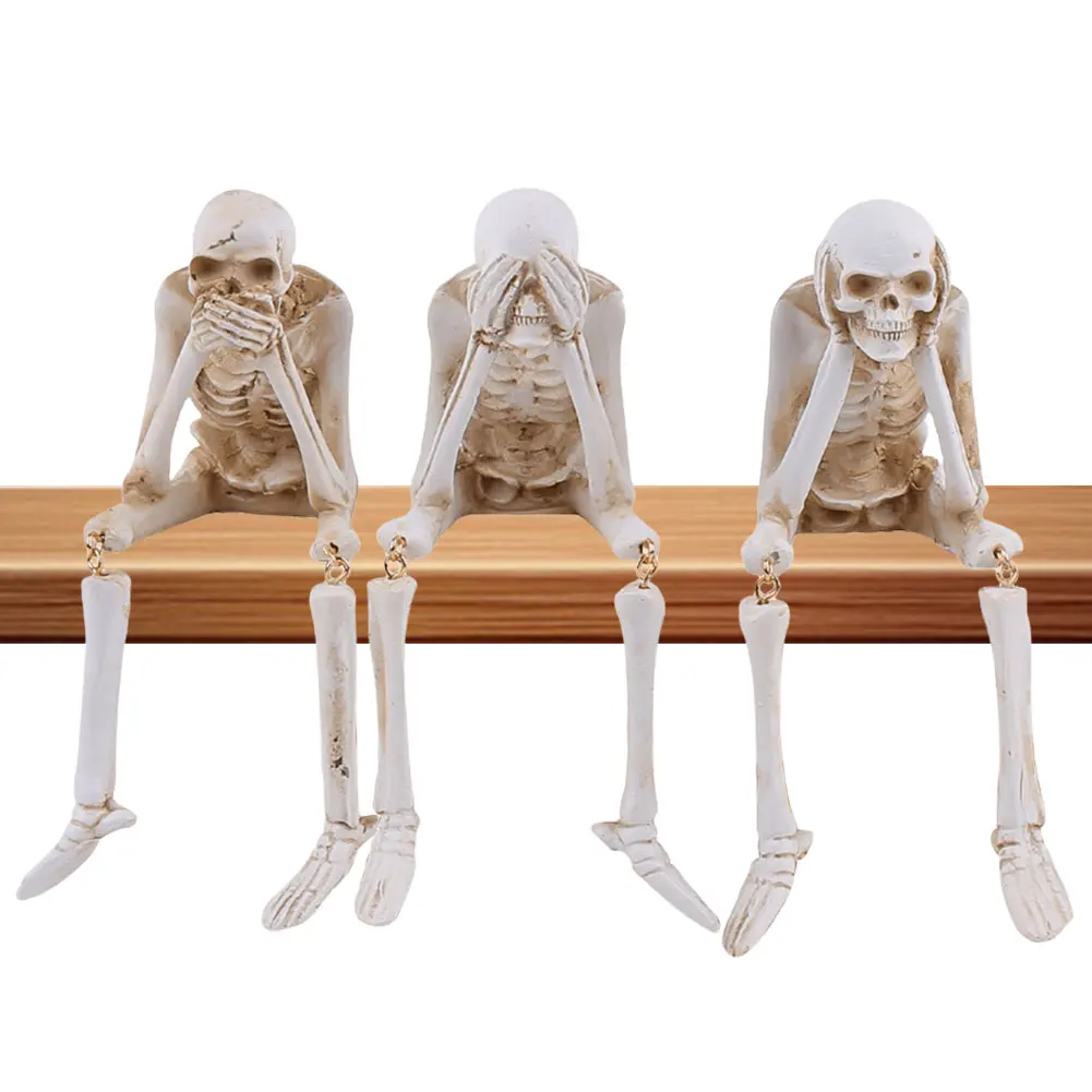 Halloween Statues Resin See Speak Hear No Evil Skeleton Figurines Resin Realistic Skull Decor for Bookshelf Table Edge