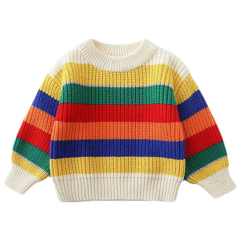 Boys And Girls Autumn And Winter Pullover Sweaters Thickened Boys And Girls Baby Knitwear Girls Korean Loose Rainbow Stripe Top