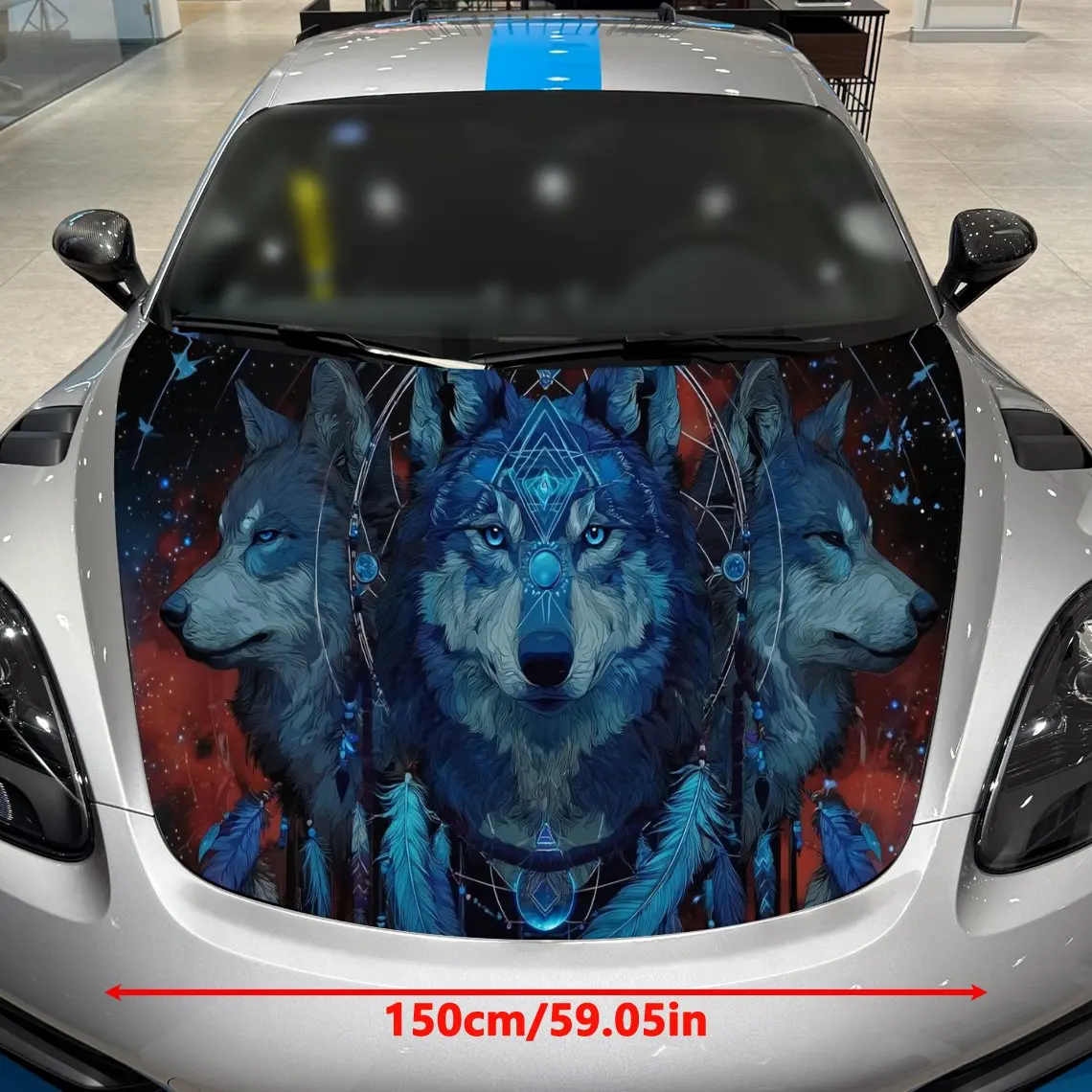 Dreamy Three Wolves Starry Tribal Style Car Vinyl Wrap, PVC Material Waterproof Car Hood Sticker, Self-Adhesive Scratch-Resistan