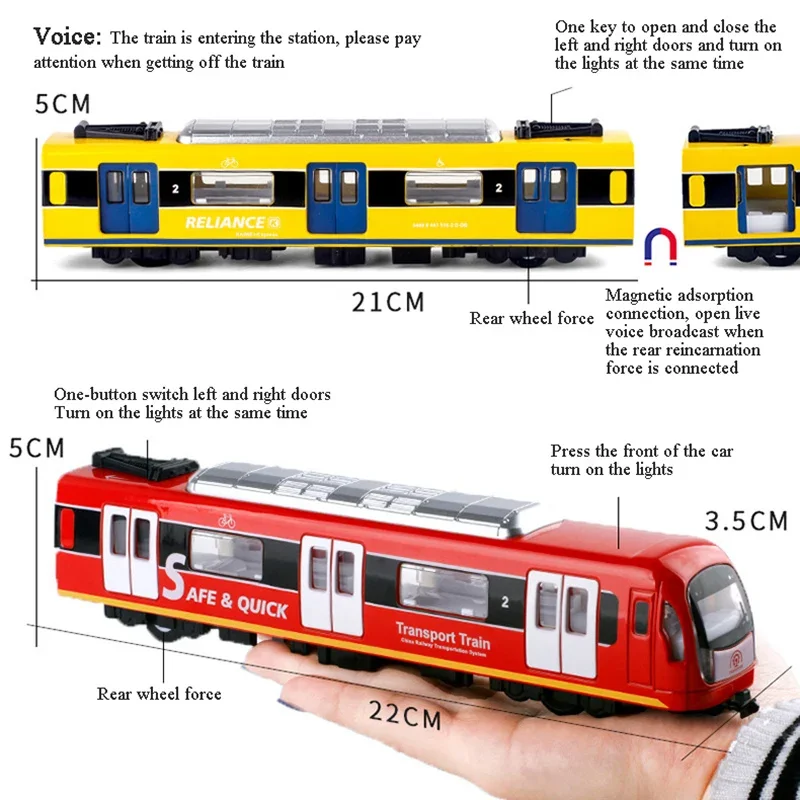 Grand modèle de train en alliage de simulation de voiture pour enfants, métal moulé sous pression, lumière de métro, nervure arrière, jouet sonore, cadeau pour garçon, B071