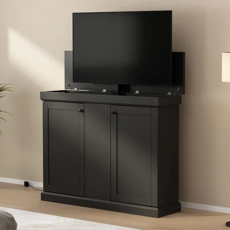 TV Stand Cabinet with Motor Rising & Lowering Mount Modern Entertainment Center with Storage for TVs up to 50 Inch Lift Media