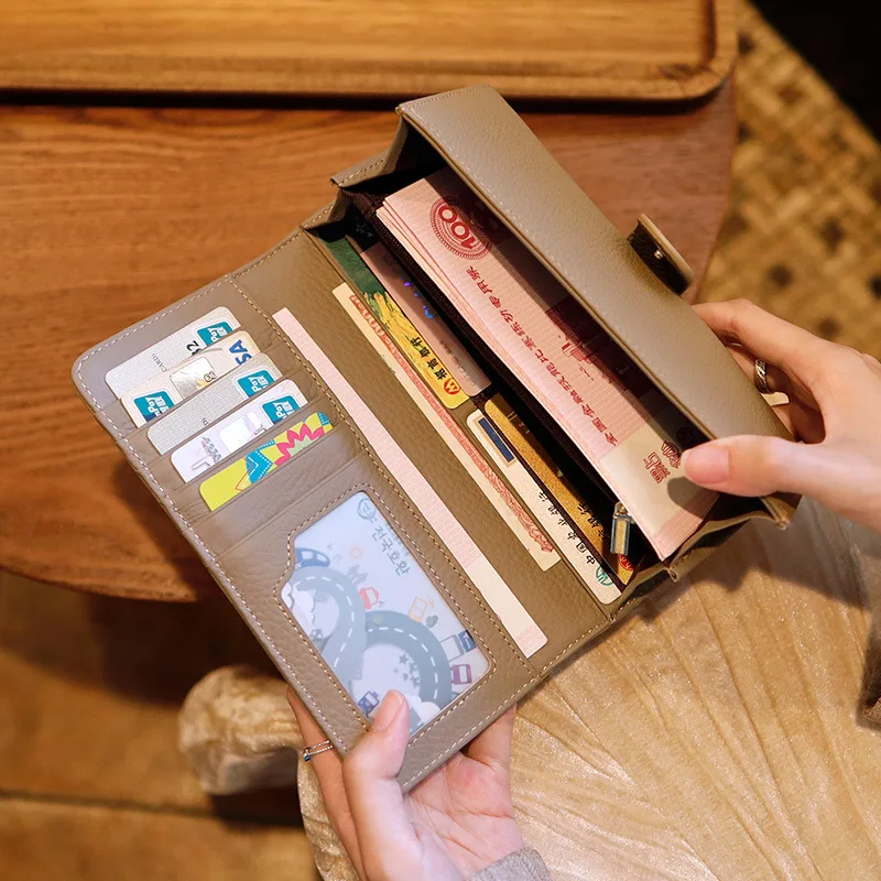 New Women's Full-Grain Leather Long Wallet Phone Clutch | Solid Color Slim Multi-Card Holder | Mini Handbag for Everyday Carry