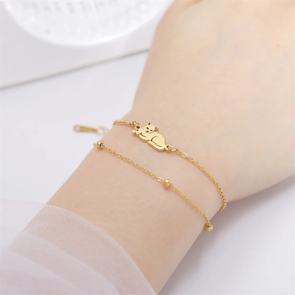 Cazador Lying Cat Stainless Steel Charm Bracelet for Women Cute Animal Kitten Double Chain Hand Bracelet Jewelry Gift Wholesale