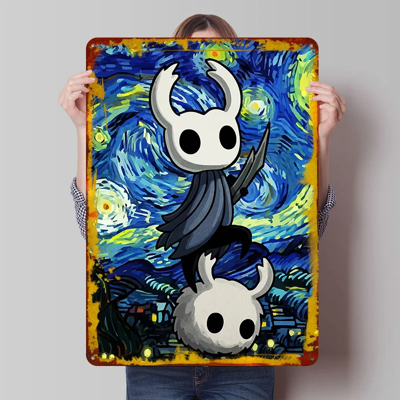 Hollow Knight Sternennacht Parodie Blechposter Individuelle Wandkunst Vintage Metallschilder Retro Blechplakette zur Dekoration Garage