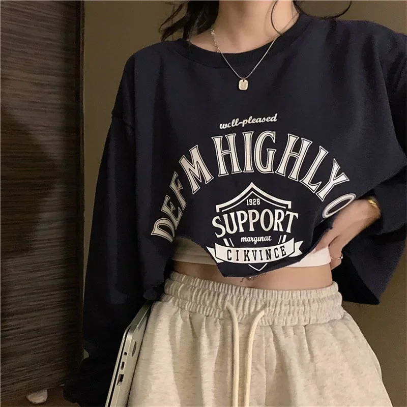 2024 Spring Autumn Women O-Neck Irregular Sweatshirts Korean Fashion Crop Tops Letter Printed Harajuku Punk Gothic Streetwear