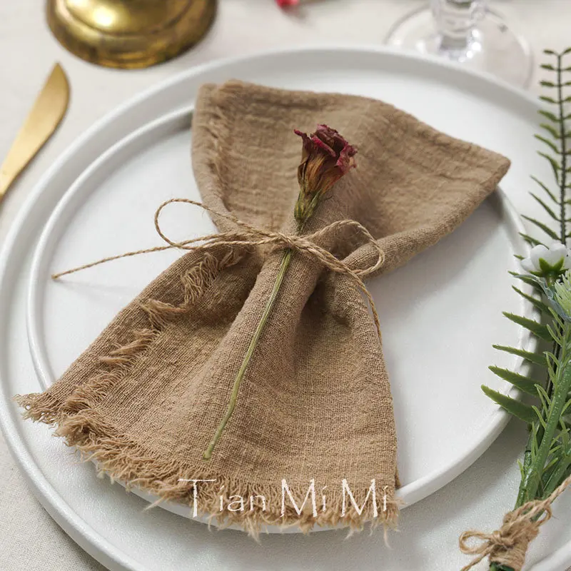 10pcs Vintage Rustic Cotton Napkins Retro Burr Soft and Absorbent Napkin Cloth Linen for Wedding Party Table Decorations