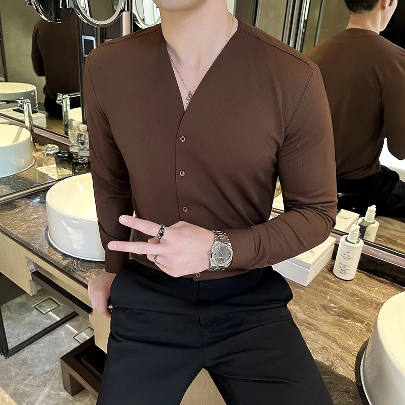 Luxury Waffle V-neck Shirt for Men\'s Korean Fashion Long Sleeves Slim Fit Business No Traces Social Party Shirts Tuxedo