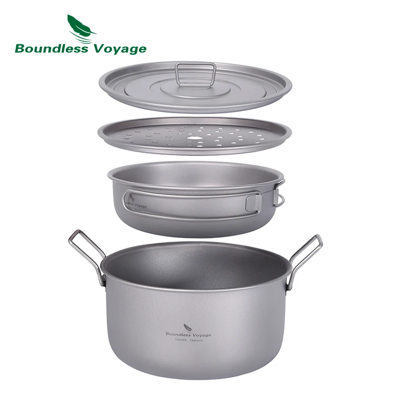 

Boundless Voyage 1.9L Titanium Steamer Pot 900ml Frying Pan Outdoor Camping Cookware with Lid Soup Pot Saucepan Cooking Mess Kit