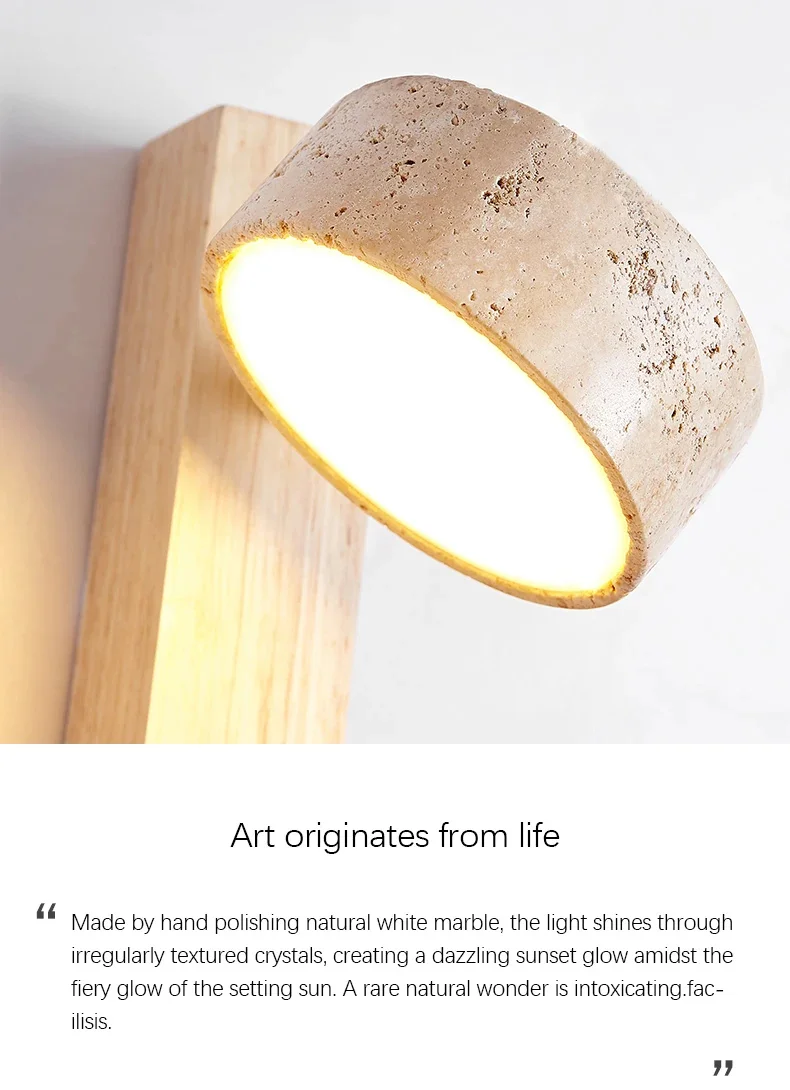 Wandleuchte im Wabi Sabi-Stil, natürlicher gelber Travertinstein, drehbar, mit Zugkettenschalter, LED-Nussbaumholz-Dekorleuchte für Schlafzimmer – Detail 2