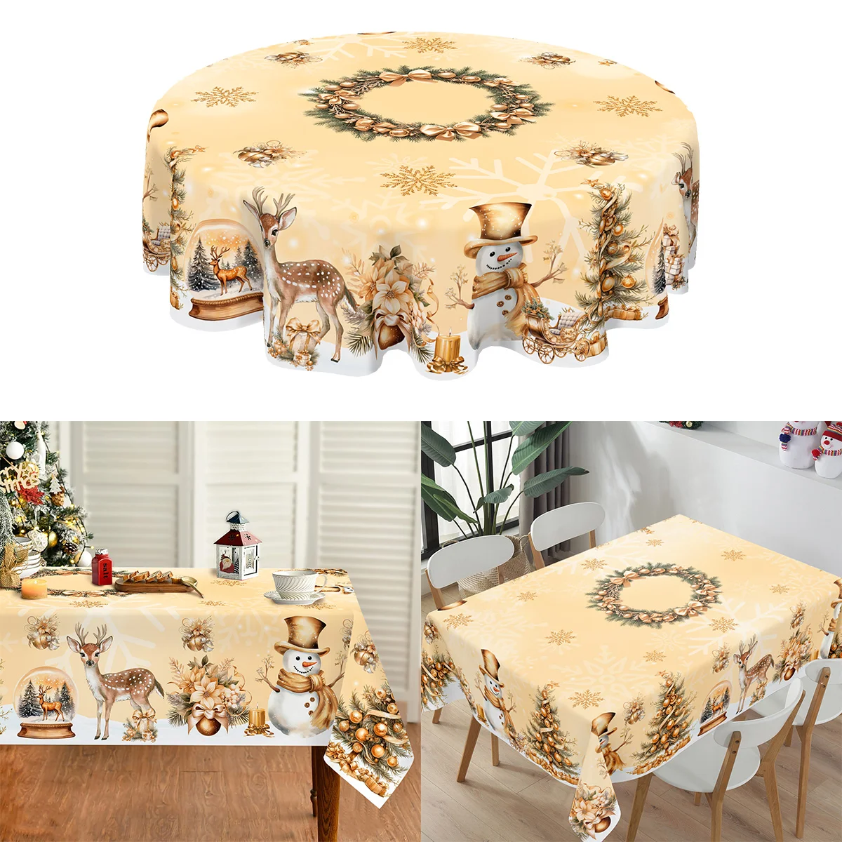 

Vintage Christmas Tablecloth Tree Wreath Golden Snowman Table Cover Christmas Decorations for Home 2025 Gifts Navidad New Year