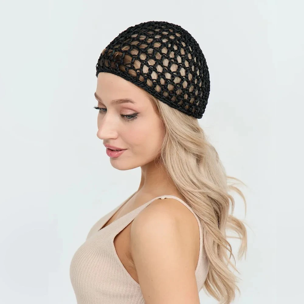 Womens Handmade Mesh Hat Crochet Wig Cap Fashion Solid Color Hair Care Bonnet image 5