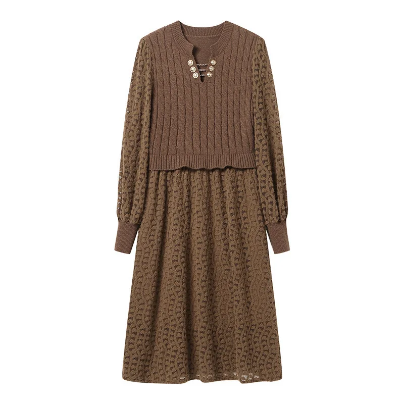 Temperament celebrity knitted dress 2024 autumn and winter new fashion lantern sleeves fake two long sweater skirt