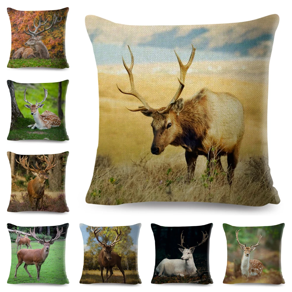 45x45cm Cute Sika Deer Cushion Cover Decorative Wildlife Pillowcase Sofa Home Car Children's Room Polyester Pillowcase