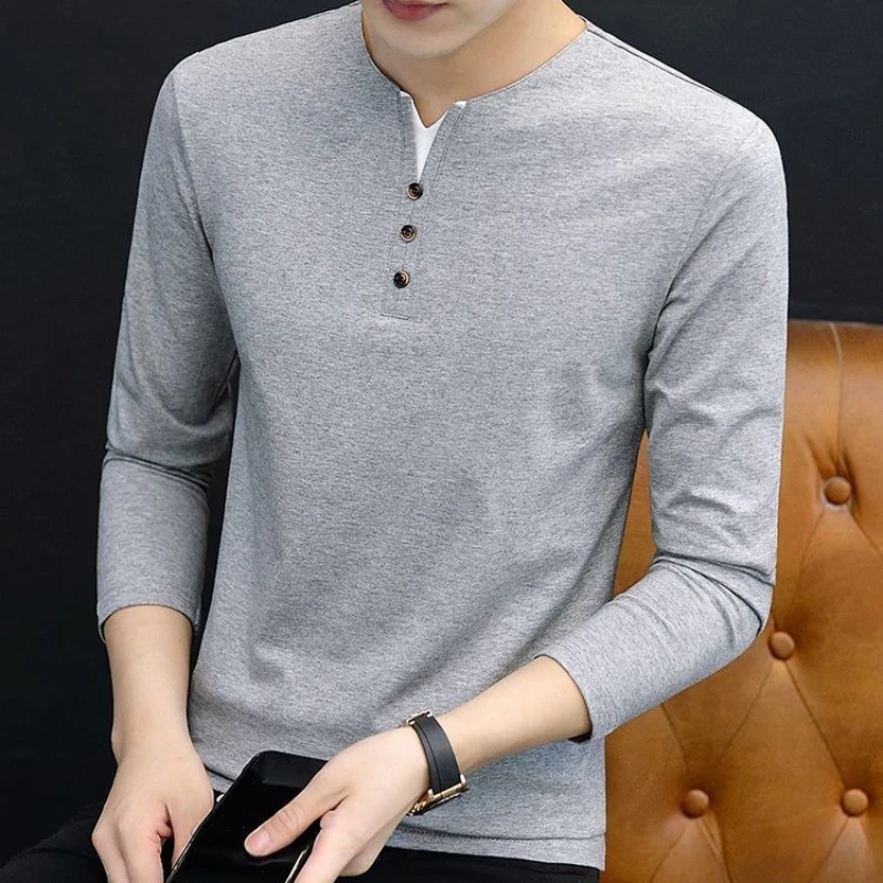 

Men's Casual Autumn Spring Base Layer Long Sleeve T Shirt Top 95% Cotton Solid Color Trendy New Style Men Clothing