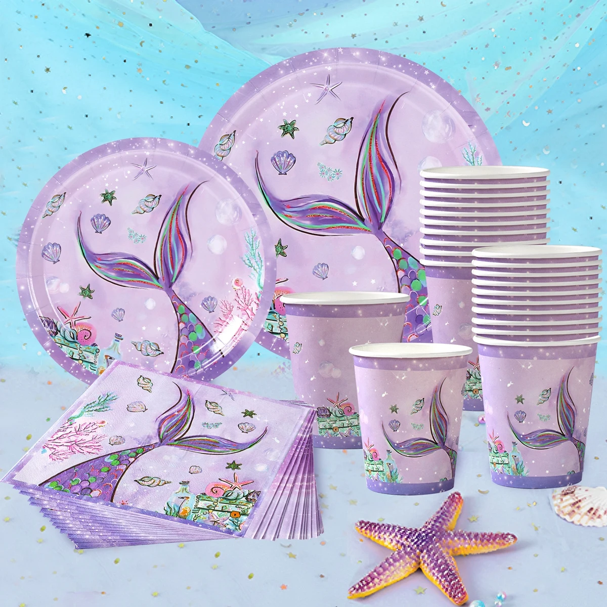 Mermaid Theme Disposable Tableware Mermaid Birthday Party Decor Kids Baby Shower Girls Under The Sea Party Wedding Party Suppies