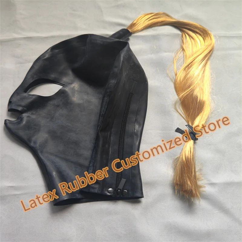 Womens Lingerie Latex Hood Rubber Mask with Ponytail Wig Gold Hair Back Zip for Party Night Club Cosplay Costumes