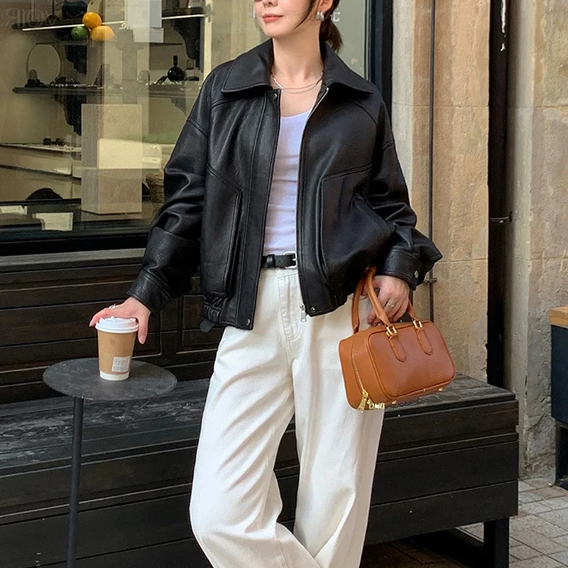 100% 本革ジャケット女性用 2026 カジュアル ルーズフィット オーバーサイズ ボンバー ジャケット ブラック A レベル シープスキン レザー コート