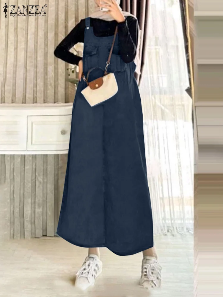 ZANZEA Elegant Islamic Hijab Robes Women Sleeveless Causal Denim Blue Overall Dress Workwear Suspender Muslim Long Vestidos