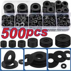 500Piece Black Nylon Washers Set - Durable Flat Round Washer for Bolts and Screws, Self-tightening Design, including M2-M12 Size