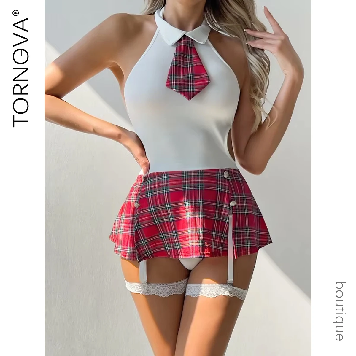 

Tornova School Uniform Dress for Women Red Plaid Backless Slit Skirt Girl Exotic Sexy Garters Cosplay Uniform Underwear Set New