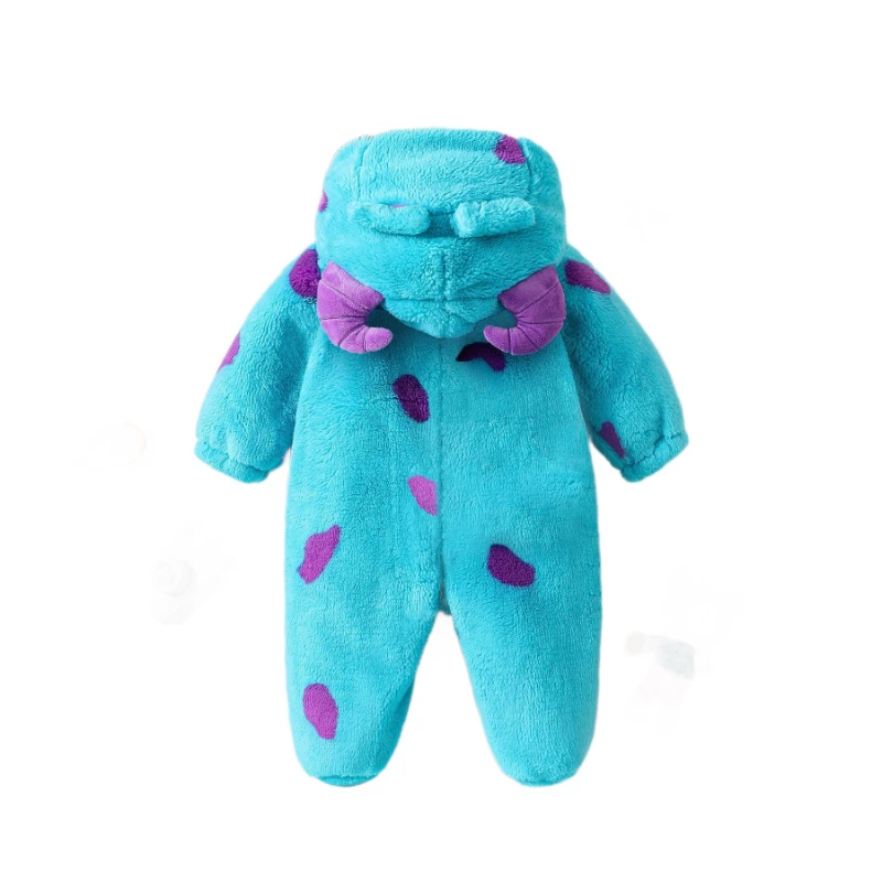 Cute Blue Monster Baby Romper Purple Horns Dots Zip Up Hooded Fleece Jumpsuit Infant Toddler Bodysuit Cosplay Costume Outfit