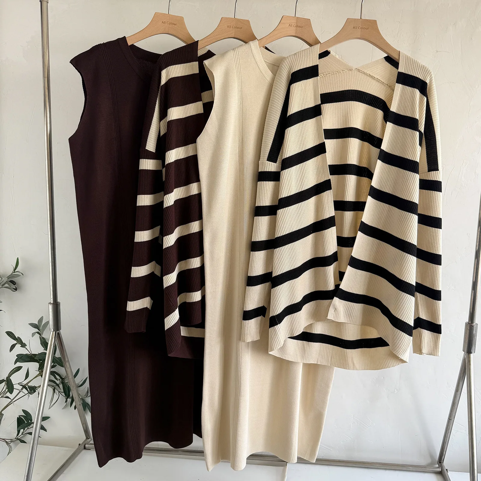 

Dress Set Women's Loose Medium and Long Striped Sweater Skirt Knitted Two-piece Set