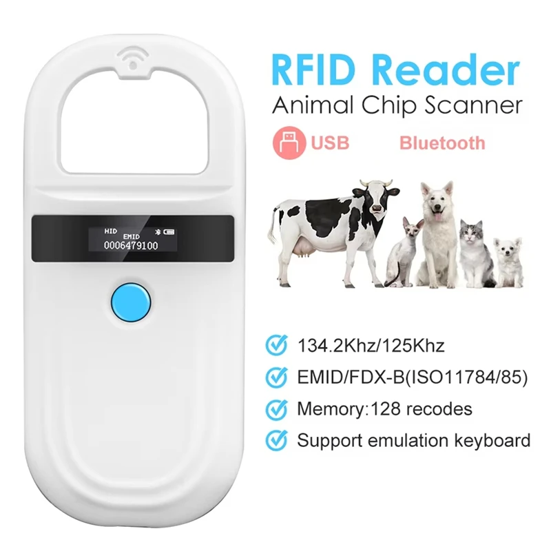 يده 134.2 كيلو هرتز الحيوان قارئ رفيد الحيوانات الأليفة القط الكلب مايكرو نوع رقاقة الماسح الضوئي FDX-B رقاقة زجاجية USB/بلوتوث قارئ العلامات