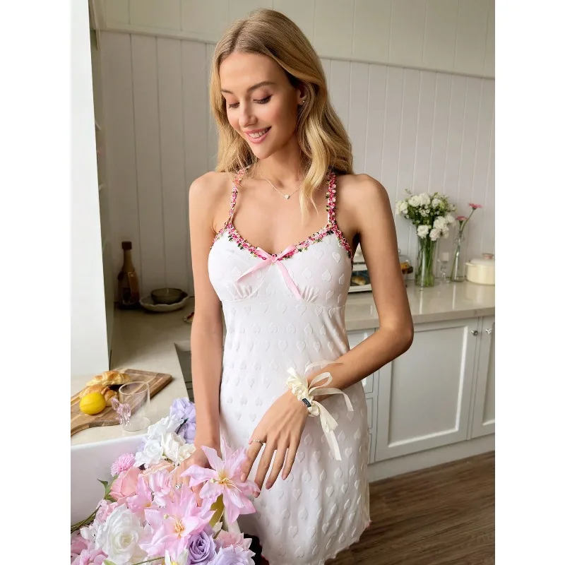 Solid Color Frill Trim Sleeveless Crinkle Nightgown, Summer