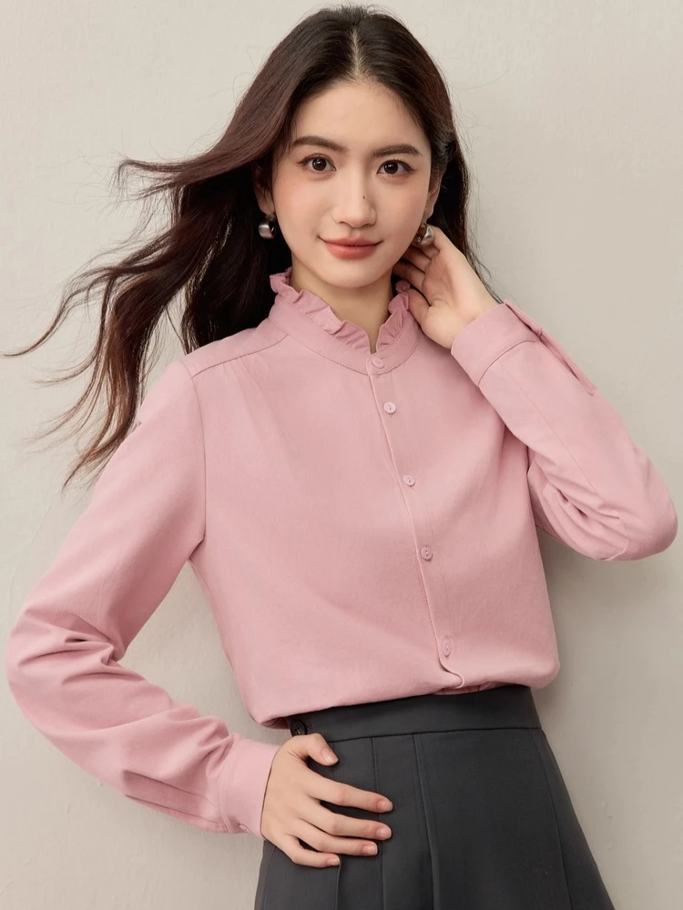 

SENTUBILA Women's Ruffled Stand Collar Shirt Autumn 2025 New Elegant Shoulder Pinch Pleated Long Sleeved Loose Top 153CA1935