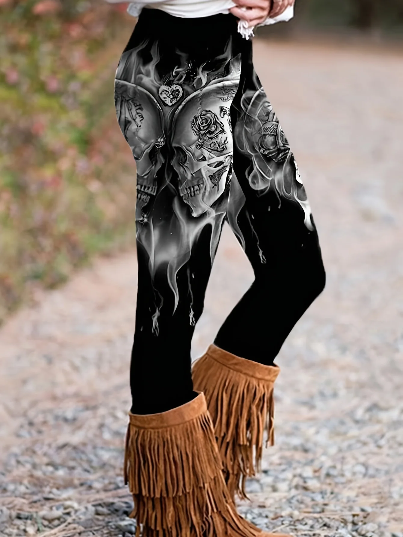 Women Mid‑Waist Fleece Lined Leggings, Skull Rose Flame Print, High Stretch Slim Warm Elastic Gothic Casual Sports Pants - view 2
